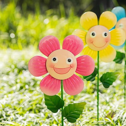 Glitzhome Set of 3 Happy Face Decorative Garden Stake, Metal Flower Yard Stakes with Hand Painted Smiling Design, Iron Garden Yard Spring Decor or Wall Decor, 18”H