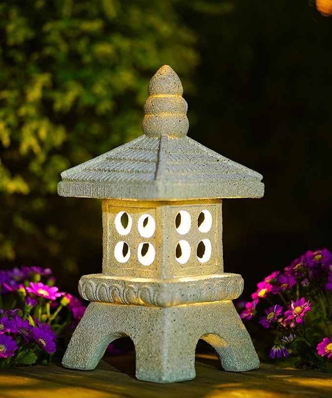 Nacome Solar Pagoda Garden Statues:11.5 inches Outdoor Waterproof Resin Zen Decor for Landscape Balcony Patio Porch Yard Ornament(Gray)