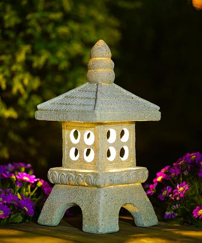 Nacome Solar Pagoda Garden Statues:11.5 inches Outdoor Waterproof Resin Zen Decor for Landscape Balcony Patio Porch Yard Ornament(Gray)