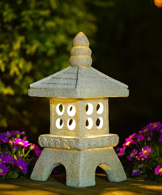 Nacome Solar Pagoda Garden Statues:11.5 inches Outdoor Waterproof Resin Zen Decor for Landscape Balcony Patio Porch Yard Ornament(Gray)