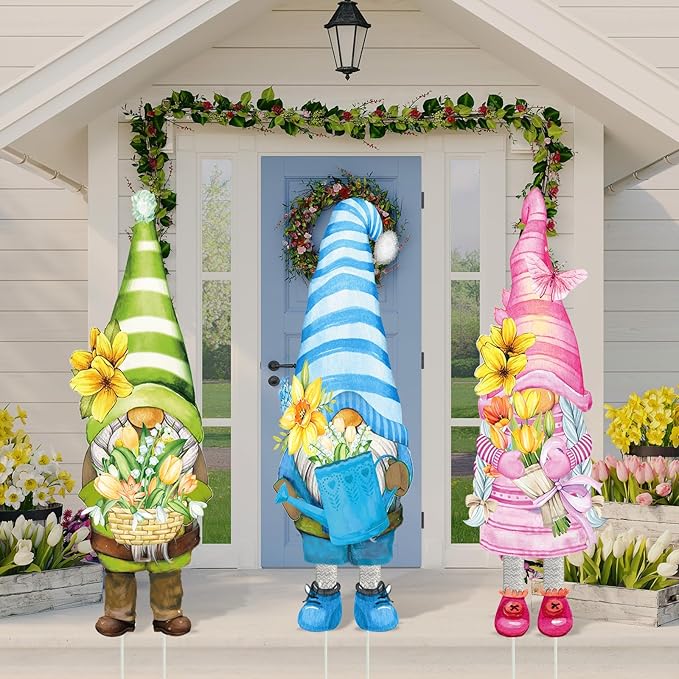 Umigy 3 Pcs Spring Yard Gnome Sign with Stakes 32 x 10 Inch Cute Spring Garden Decor Outdoor Lawn Sign Outside Flower Garden Signs for Home Pathway Walkway