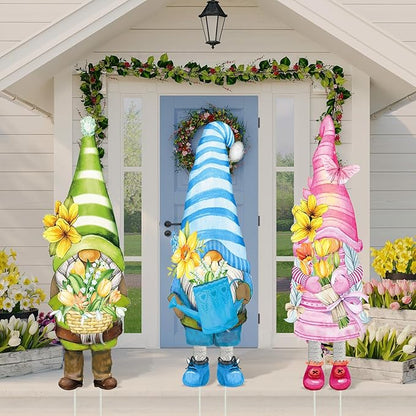 Umigy 3 Pcs Spring Yard Gnome Sign with Stakes 32 x 10 Inch Cute Spring Garden Decor Outdoor Lawn Sign Outside Flower Garden Signs for Home Pathway Walkway