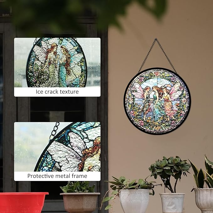 Flower Fairies Stained Glass Window Hanging, Flower Fairy in Wonderland Sun Catcher Spring Summer Garden Decor Gift for Girls, Mom, Grandma (C, 8"/20cm)