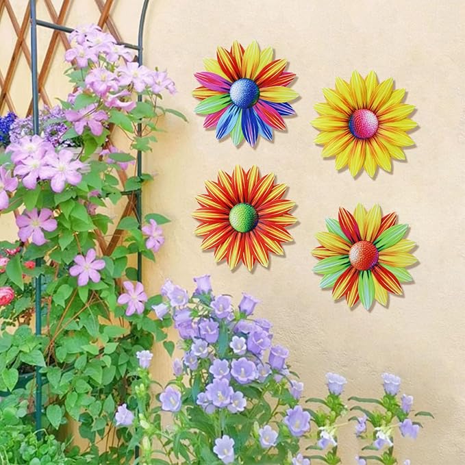4PCS Metal Flowers Wall Decor, Outdoor Metals Flower Wall Art, 7.9in Metals Wall Flowers for Indoor Outside Home, Metal Wall Decor Art Garden Yard Outdoor Hanging Decoration（slower)