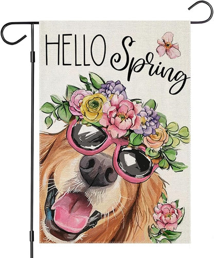 Hello Spring Garden Flags for Outside 12x18 Inch Double Sided, Dog with Flowers Hat Small Yard Decoration, Seasonal Summer Anniversary Wedding Decor for Farmhouse Holiday Outdoor