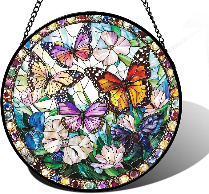 DASTOLL Stained Glass Window Hanging, Colorful Butterfly Suncatcher for Doors Home Sun Catchers Decoration and Christmas, Mother's Day Birthday Gifts for Women, Men, and Mom 9.8 in