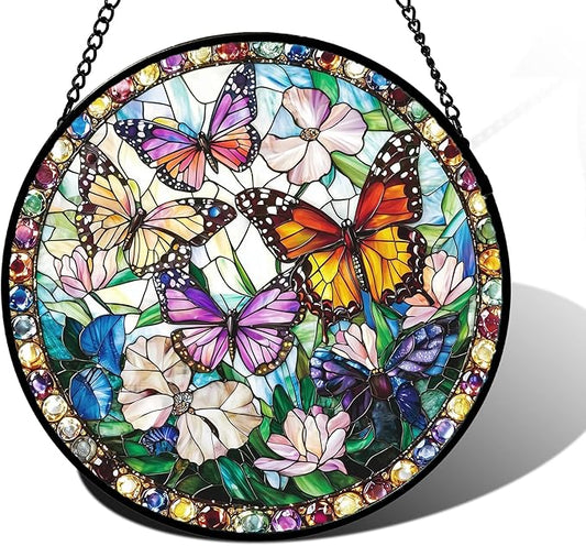DASTOLL Stained Glass Window Hanging, Colorful Butterfly Suncatcher for Doors Home Sun Catchers Decoration and Christmas, Mother's Day Birthday Gifts for Women, Men, and Mom 9.8 in