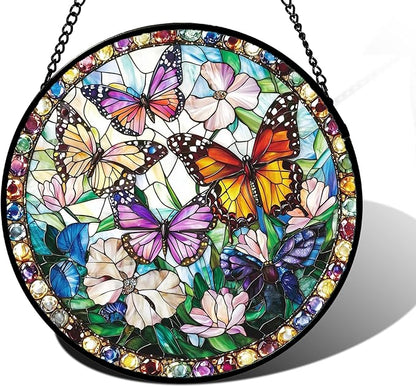 DASTOLL Stained Glass Window Hanging, Colorful Butterfly Suncatcher for Doors Home Sun Catchers Decoration and Christmas, Mother's Day Birthday Gifts for Women, Men, and Mom 7.8 in