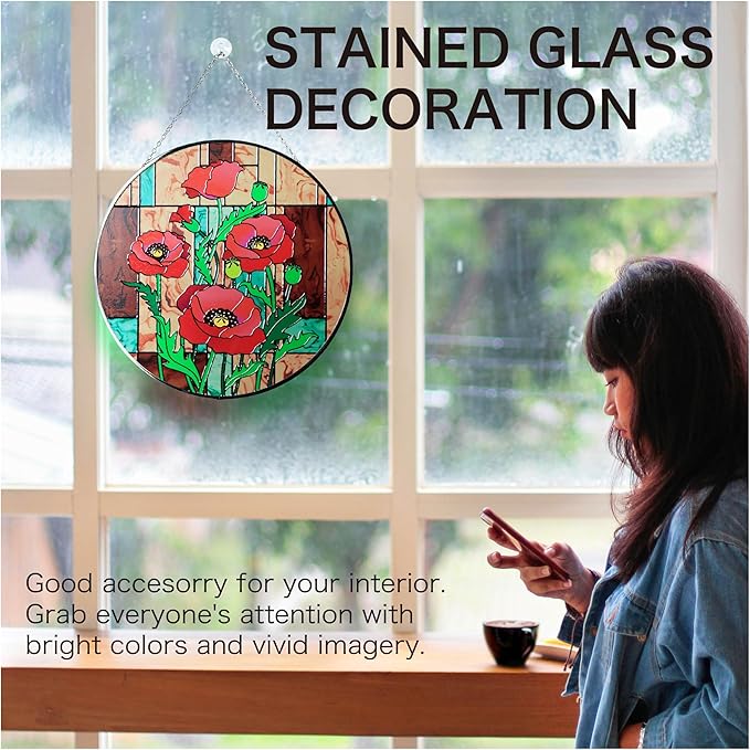 Hanway Suncatcher in Colorful Stained Glass 12" Dia - Genuine Brightly Colored Glass, Protective Metal Edge, Ready to Use Hanging Chain, for Window, Garden (Poppy Flower)