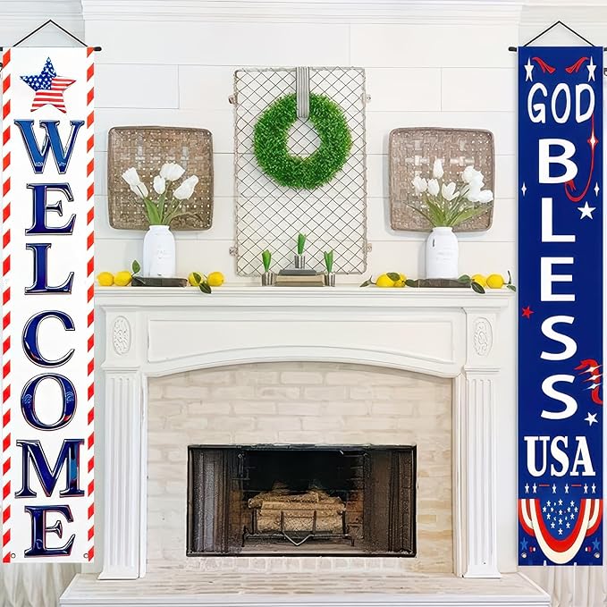 BlissYard 2Pcs Welcome Patriotic Door Banner 4th of July Decorations American Banners Hanging Porch Signs Decor for Independence Memorial Day Veterans Labor Day for Yard Indoor Outdoor Supplies