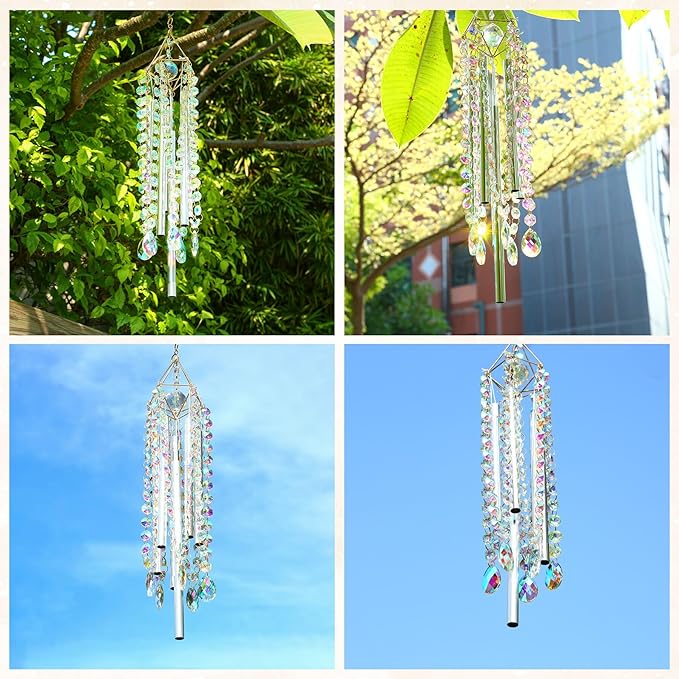 Crystal Wind Chimes - Glass Wind Chimes for Outside, Outdoor Crystal Suncatcher with Tuned Tubes, Reflective Windchimes Outdoors Unique, Hanging Prism Rainbow Maker Chandelier Home Decor Gift