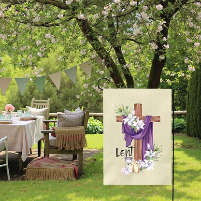 Lent Garden Flag 12x18 Inch Christian Easter Yard Flags with Cross Purple Cloth Lilies and Candles Religious Spring Outdoor Banner for Ash Wednesday Resurrection Faith Church Home Porch Decor