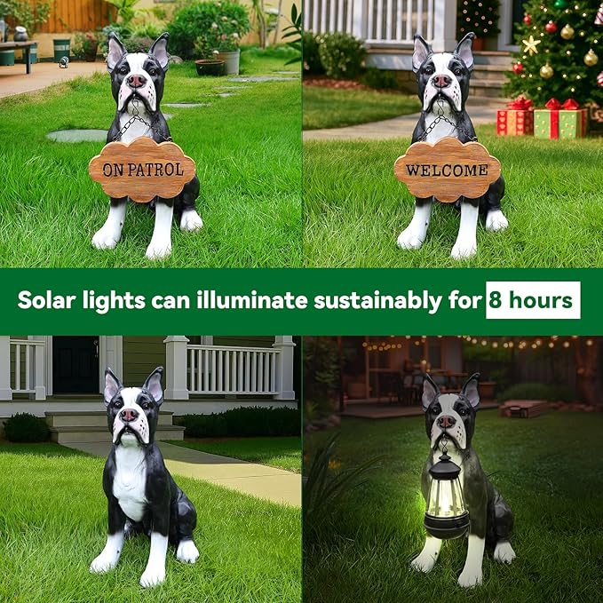 Adorable Boston Terrier Dog Sculpture with Solar Lantern & Double-Sided 'On Patrol' and 'Welcome' Signposts – Playful Outdoor Resin Statue for Garden, Yard, Patio