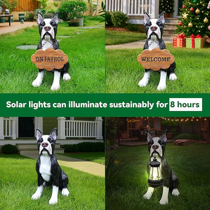 Adorable Boston Terrier Dog Sculpture with Solar Lantern & Double-Sided 'On Patrol' and 'Welcome' Signposts – Playful Outdoor Resin Statue for Garden, Yard, Patio