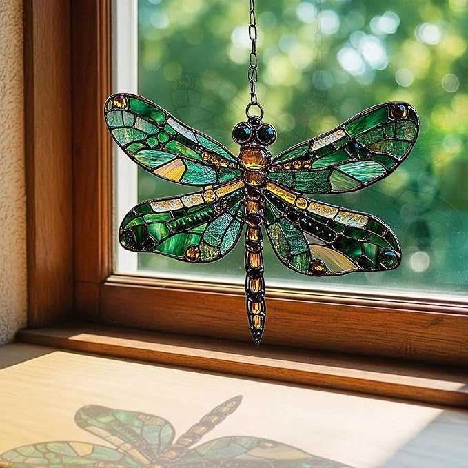 Emerald Faux Mosaic Dragonfly Acrylic Suncatcher Stained Glass Effect Window Car Hanging Christmas Ornament Indoor Outdoor Decor Garden Sun Catcher Panel for Dragonfly Lover for Women Mom Grandma