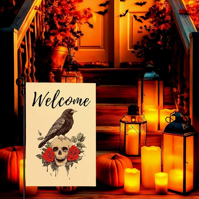 Halloween Welcome Garden Flag Skull Floral Rose Crow Double Sided Vertical Yard Flag Day Of The Dead Bird Rest Bird Floral House Flags 12 x 18 Inches Holiday Villa Outdoor Decorative