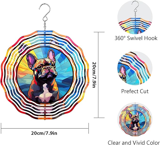 French Bulldog Wind Spinner Pet Dog Memorial Gifts, Vibrant 3D Kinetic Metal Hanging Outdoor Garden Decor, Frenchie Gifts for Dog Lovers, 8" Wind Sculptures for Patio, Porch, Yard Art (Frenchie 7)