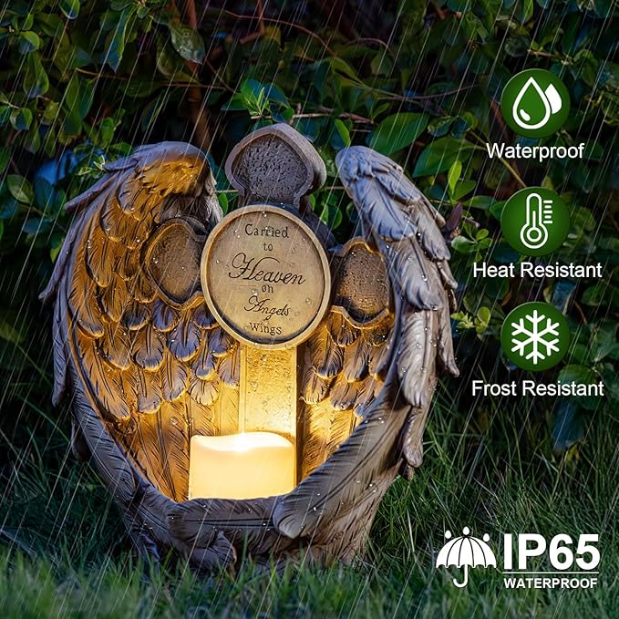 12" Angel Wings Memorial Statue with Cross & LED Candle, Bereavement Condolence Gift, Remembrance Garden Figurine Decor, Waterproof Garden Sculpture Sympathy Gifts for Women, Mom, Grandma, Lover