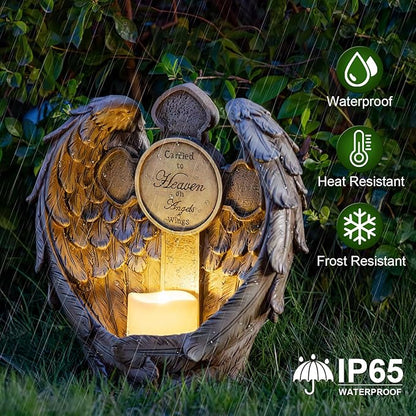 12" Angel Wings Memorial Statue with Cross & LED Candle, Bereavement Condolence Gift, Remembrance Garden Figurine Decor, Waterproof Garden Sculpture Sympathy Gifts for Women, Mom, Grandma, Lover