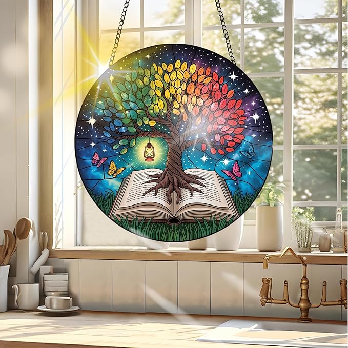 VAIIEYO Tree Sun Catcher Stained Glass Window Hanging Ornament, Handmade Sun Catcher Plant Decoration with Hooks for Window Garden Home, Mother's Day & Birthday Housewarming Gift (7.8 inch)