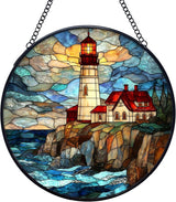 Lighthouse Stained Glass Window Hanging Suncatchers, Coastal Beach Lighthouse Sun Catchers Indoor Window Glass Wall Art Decor, Nautical Ocean Wall Hanging Decorations Sculptures, 7.9x7.9in