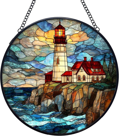 Lighthouse Stained Glass Window Hanging Suncatchers, Coastal Beach Lighthouse Sun Catchers Indoor Window Glass Wall Art Decor, Nautical Ocean Wall Hanging Decorations Sculptures, 7.9x7.9in
