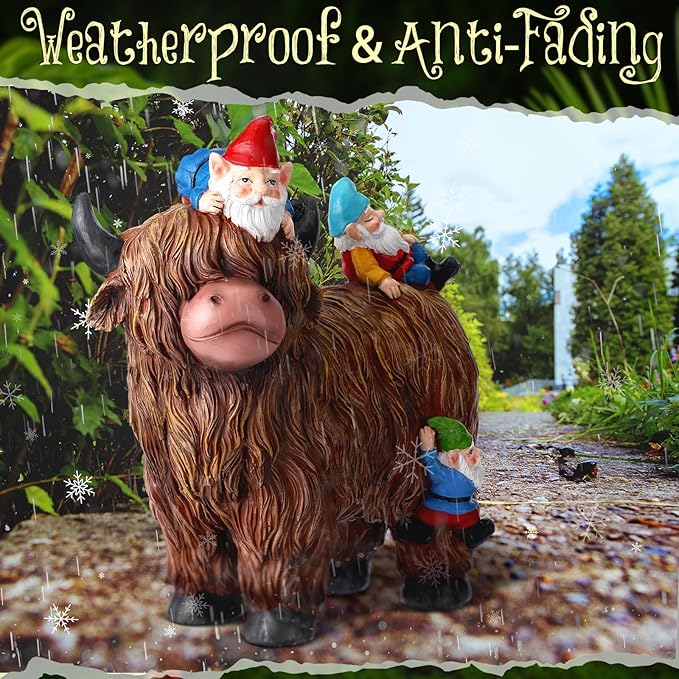 Suzile Garden Gnomes Statues Decor 9.84'' Highland Cow Garden Statues Resin Gnome Sitting on Highland Cow Birthday Gifts for Woman Mom for Home Table Yard Patio Lawn Porch