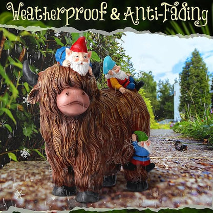 Suzile Garden Gnomes Statues Decor 9.84'' Highland Cow Garden Statues Resin Gnome Sitting on Highland Cow Birthday Gifts for Woman Mom for Home Table Yard Patio Lawn Porch