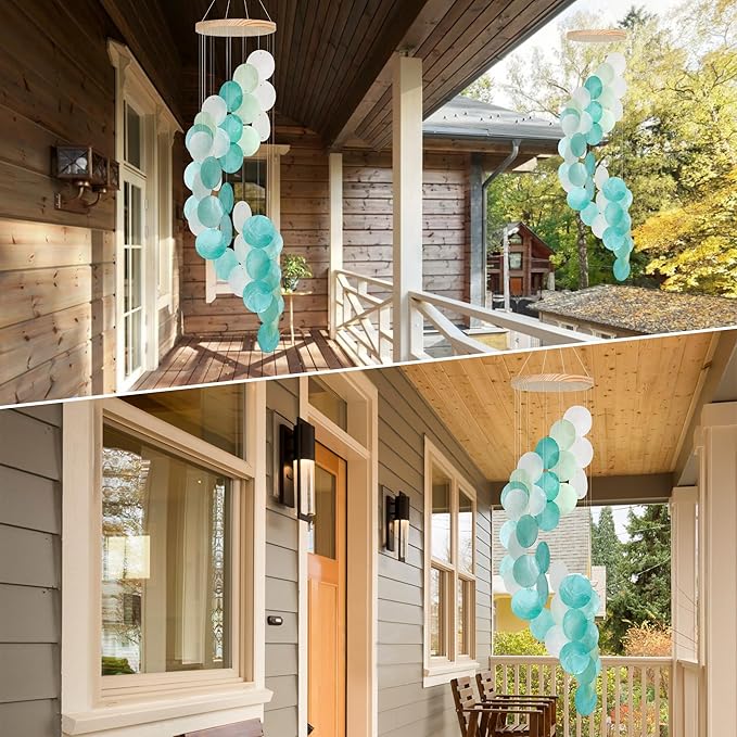 Seashell Wind Chimes for Outside - Handcrafted Spiral Shape Capiz Shells Windchime Coastal Style Decor for Indoor/Outdoors, Garden & Beach Hanging Decor for Wind Chimes Lovers and More