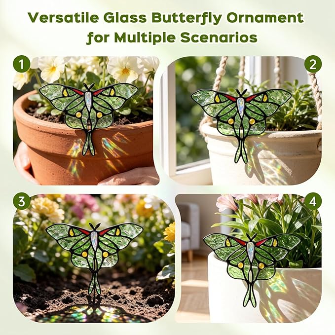 Luna Moth Sun Catcher Stained Glass - IDEA SHOW Handmade Real Glass Suncatcher Ornaments, Elegant Green Butterfly Memorial Gifts Design for Indoor and Outdoor Plant Decoration, Plant Lovers Gifts