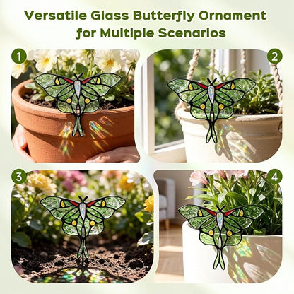 Luna Moth Sun Catcher Stained Glass - IDEA SHOW Handmade Real Glass Suncatcher Ornaments, Elegant Green Butterfly Memorial Gifts Design for Indoor and Outdoor Plant Decoration, Plant Lovers Gifts