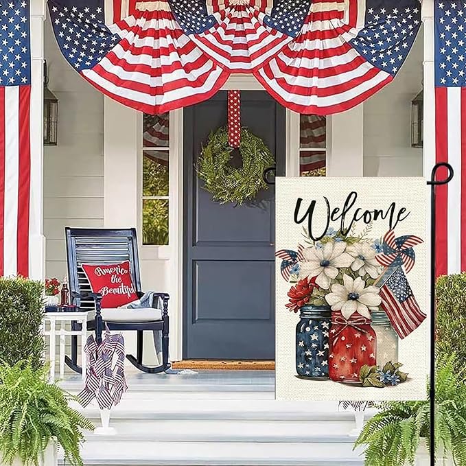 1Pcs 4th of July Garden Flag, Summer Small Yard Flags for Outside, Independence Day Garden Flags 12x18 Vertical Double Sided, Patriotic Mason Jar Flowers Garden Flags for 4th of July Outside Decoration