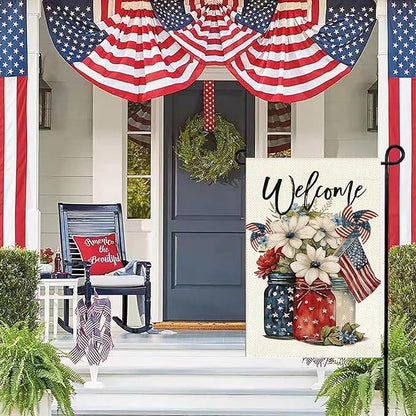 1Pcs 4th of July Garden Flag, Summer Small Yard Flags for Outside, Independence Day Garden Flags 12x18 Vertical Double Sided, Patriotic Mason Jar Flowers Garden Flags for 4th of July Outside Decoration