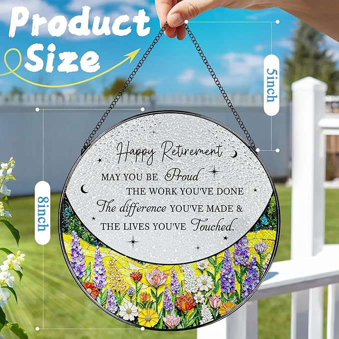 8” Stained Glass Suncatcher Ornament – Floral Retirement Window Hanging Decorations, Retirement Gifts & Retired Gifts for Women, Men, Friends, Coworkers, Teachers - Style E