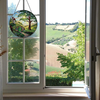 Shire Sun Catcher 7.87'' Stained Glass Window Hanging Gifts for Countryside Lover Women Scenery Wall Decor Handmade Sun Catcher Decoration for Home Garden Housewarming Gifts