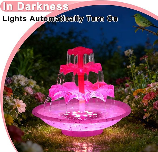 3.5W Solar Fountain Pump for Bird Bath, 3-Tier Red Solar Water Pump with 8 LED Lights, 32.8FT Power Cord and Adapter Included, Dual-Powered for 24/7 Use for Garden, Pond, Pool, Fish Tank and Lawn