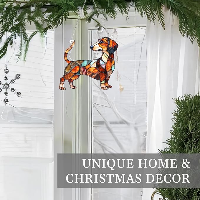 Colorful Dogs Acrylic Suncatcher Ornament for Window Decor, Acrylic Suncatcher Window Hanging Decor, Dog Lovers Gifts for Women, Dogs Christmas Ornaments for Tree Hanging (Dachshund Mable)