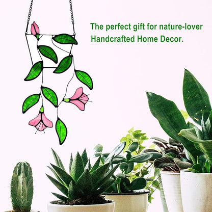 Plants Flower Stained Glass Window Hanging, Artificial Plants Sun Catchers Indoor Window, Stain Glass Suncatcher Hanging,Handcrafted Home Decor