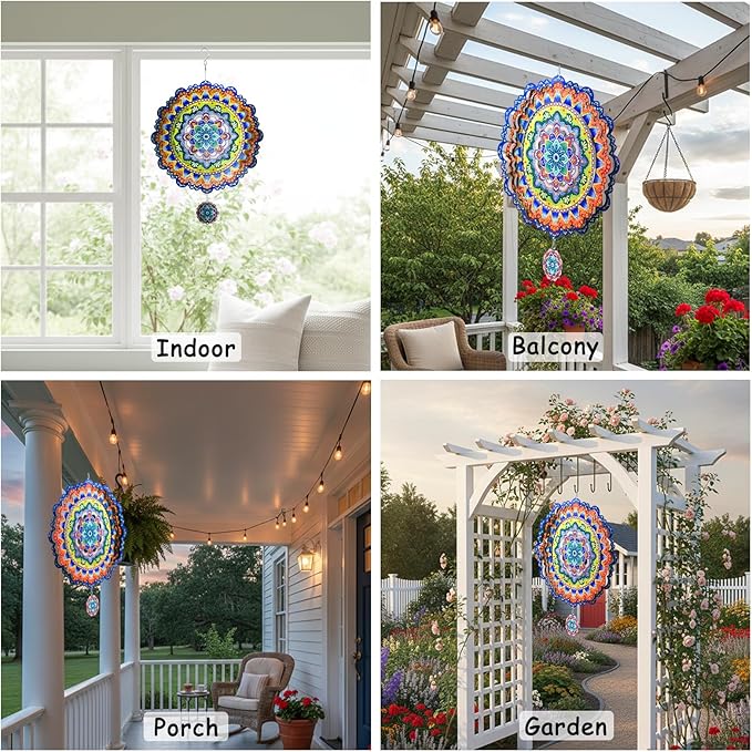 2 Pack Wind Spinners Outdoor Hanging Stainless Steel Multi Color 12 Inch Yard Art Decoration 3D Wind Spinners Mandala for Garden Porch