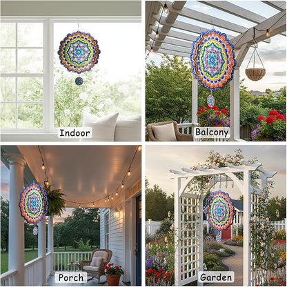 2 Pack Wind Spinners Outdoor Hanging Stainless Steel Multi Color 12 Inch Yard Art Decoration 3D Wind Spinners Mandala for Garden Porch