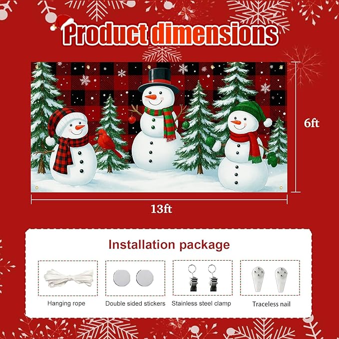 HOMETITUTE Christmas Garage Door Banner 13x6ft Winter Snowmen Buffalo Plaid Theme Backdrop Banners for Outside Indoor Winter Door Cover Garage Wall Covering for Party Garage Decorations