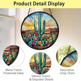 TNUW Western Cactus Stained Glass Window Hanging, Southwestern Desert Cactus Landscape Sun Catchers Indoor Window Glass Round Wall Art Decor, Western Wall Hanging Decorations, 7.9＂x7.9＂Suncatchers