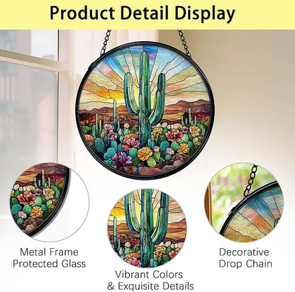 TNUW Western Cactus Stained Glass Window Hanging, Southwestern Desert Cactus Landscape Sun Catchers Indoor Window Glass Round Wall Art Decor, Western Wall Hanging Decorations, 7.9＂x7.9＂Suncatchers