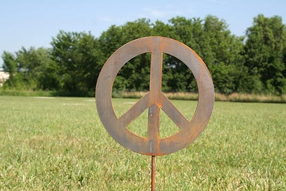 Peace and Heart Staked Signs or Wall Art Rustic or Powder Coated Finishes (Peace Small Stake 21", Naturally Rusted)