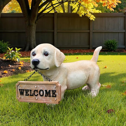 Outdoor Labrador Dog Statue with Interchangeable Welcome Sign and Detachable Solar Lantern –LED Light Garden Dog Sculpture Décor, Cute Puppy Design for Yard, Porch, Gift