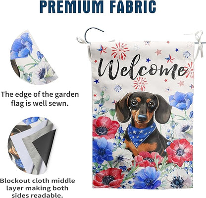 4th of July Dachshund Garden Flag Red White Blue Floral Weiner Dog Yard Flags Small Memorial Independence Day Banner 12x18 Double Sided for Outside Outdoor Patriotic Decor