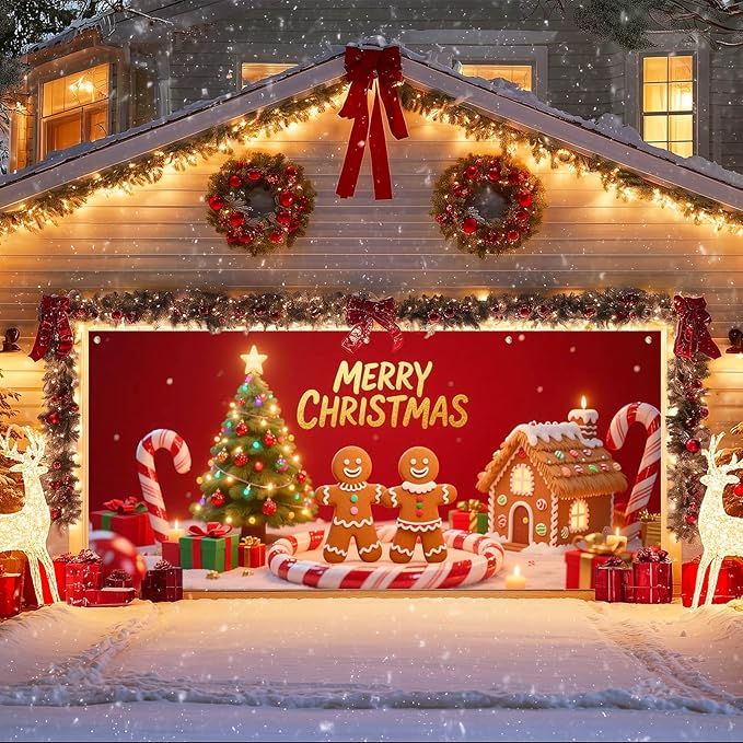 IVN Christmas Gingerbread Garage Door Banner 6x13 ft Holiday Backdrop with Cookies Tree Gifts Garage Door Covers Decorative Garage Door Cover Mural for Outdoor Decor