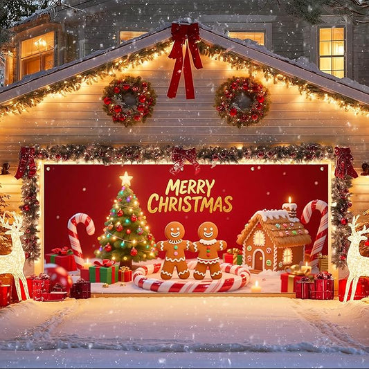 IVN Christmas Gingerbread Garage Door Banner 6x13 ft Holiday Backdrop with Cookies Tree Gifts Garage Door Covers Decorative Garage Door Cover Mural for Outdoor Decor
