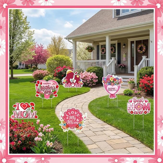 Rngmsi Mothers Day Plant Stakes Flower Pots Signs, 6PCS Happy Mother's Day Metal Garden Stakes Decorative Outdoor, Best Mom Ever Yard Decor for Home Lawn Party Supplies
