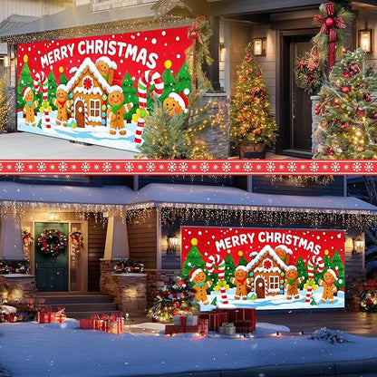 IVN Christmas Garage door banner Gingerbread House Candy Cane Characters Snowy Trees Door Cover Indoor And Outdoor Studio Background Hanging Decoration 13x6ft
